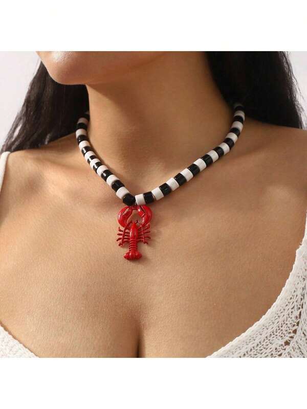 Lobster-Shaped Oil Pendant Necklace, Black & White Bead Choker Necklace, Personalized & Versatile