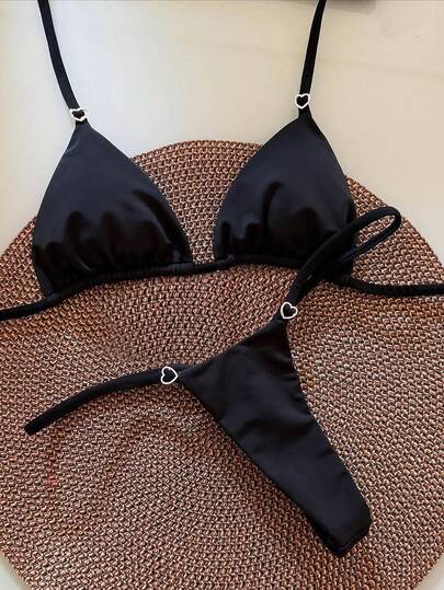 Women's Summer Beach Black Halter Tie Sexy Bikini Swimsuit Set