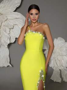 Elisanya 绷带连衣裙女士单肩手工串珠性感紧身开衩优雅鸡尾酒会晚礼服 - 黃色 - 查看 3