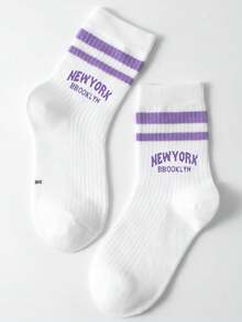 1pair Kids' Double-bar Letter Design Sports Mid-calf Socks - Multicolor - View 6