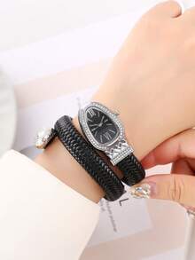 Snake-Shaped Rhinestone Diamond Style Business Casual Quartz Watch, Elegant Women's Watch
