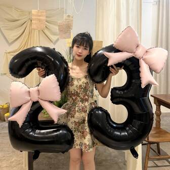 1 Set Palloncini Neri a Forma di Numeri da 40 Pollici con Fiocchi Rosa, Set di Palloncini per Decorazioni di Feste di Compleanno e Anniversari