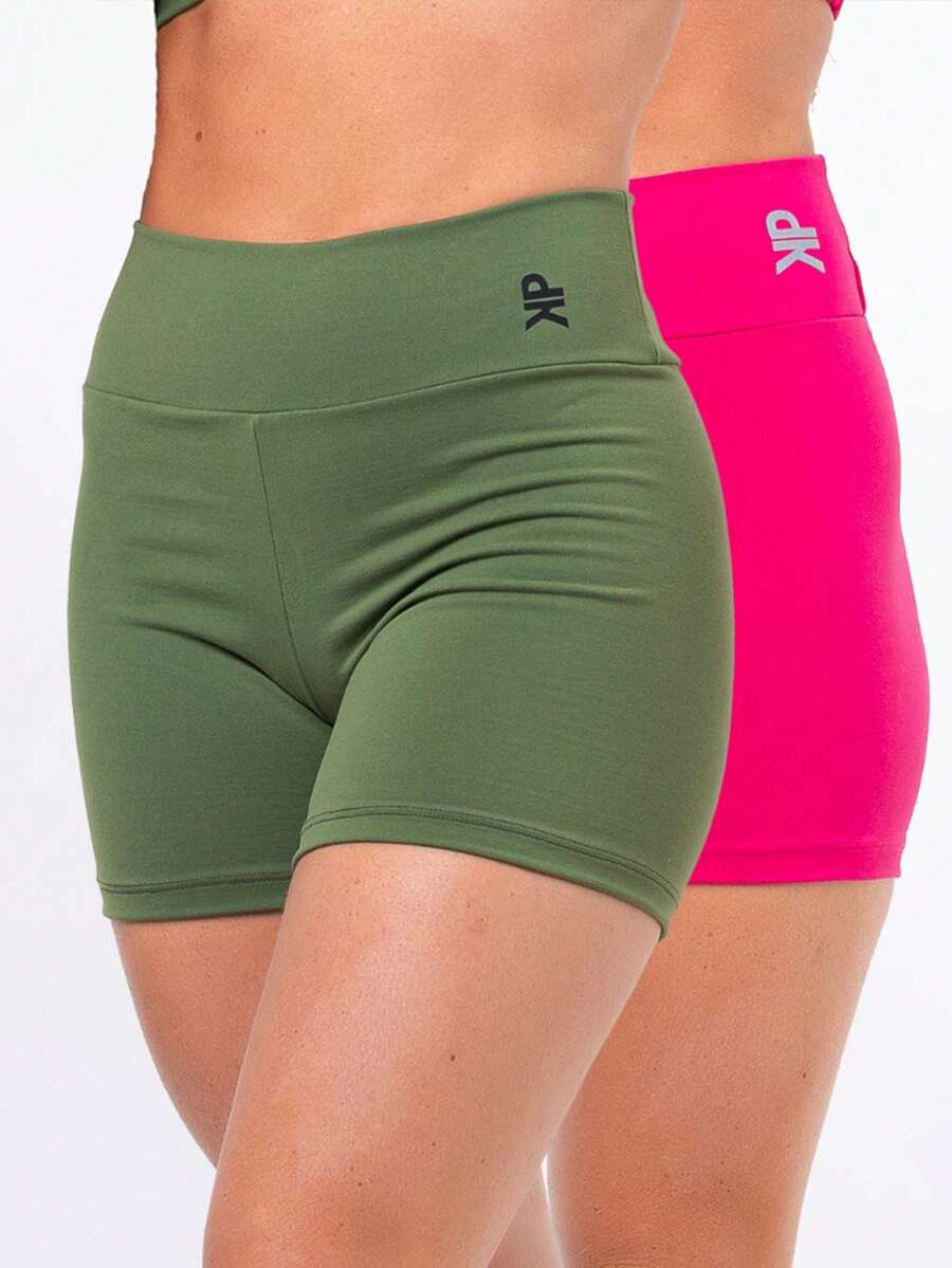 Kit 2 Women's Fitness Shorts High Waist Zero Transparency Blackout Gym Basic Bermuda Shorts Women's Crossfit Yoga - 粉紅色+綠色 - 查看 1