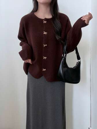 Women's Bow Decor Long Sleeve Loose Casual Top, Everyday Wear