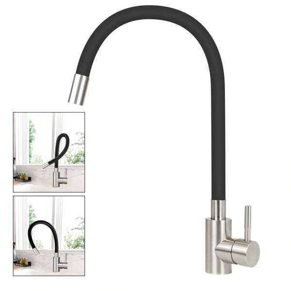homefire Rubinetto da cucina nero con tubo flessibile estraibile, rubinetto per lavello, rubinetto da cucina, rubinetto ad alta pressione, rubinetto da cucina flessibile, miscelatore girevole a 360°, acciaio inossidabile con aeratore a risparmio idrico