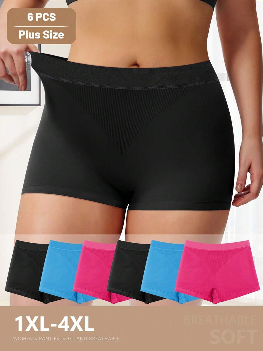 6pcs Plus Size Women's Boxer Briefs, Striped Design, Solid Color, Stretchy, Soft & Breathable - 彩色 - 查看 1
