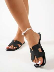 2025 Women's Summer New Leather Square Toe Flat Plus Size Sandals, Casual Fashion Square Toe Black Slide Sandals - Black - View 4