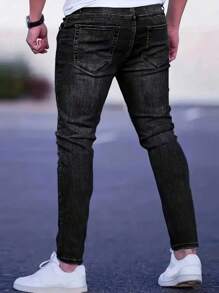 1 件男士灰色弹力紧身破洞百搭牛仔裤，舒适休闲户外修身工装牛仔裤，适合作为送给丈夫/男朋友的礼物，日常穿着