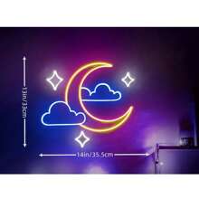 LED 霓虹灯 - 带星星和云彩的新月设计 - 塑料触摸控制壁挂霓虹灯，适用于卧室装饰 - 檸檬黃+冰藍+白色 - 查看 5