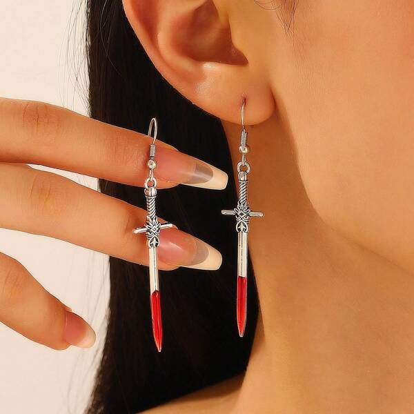 1 Pair Sword Piercing Heart Earrings, Vintage Goth Style Skull Dangle Earrings, Suitable For Halloween Costume Wear