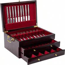 Wooden Silverware Chest without Silverware Threelayer Silverware Box Storage for Silver Silverware Case with Handle and Felt Lined Flatware Chest for 12 or 16 or more sets of Utensils - ブラウン - チェックする 1