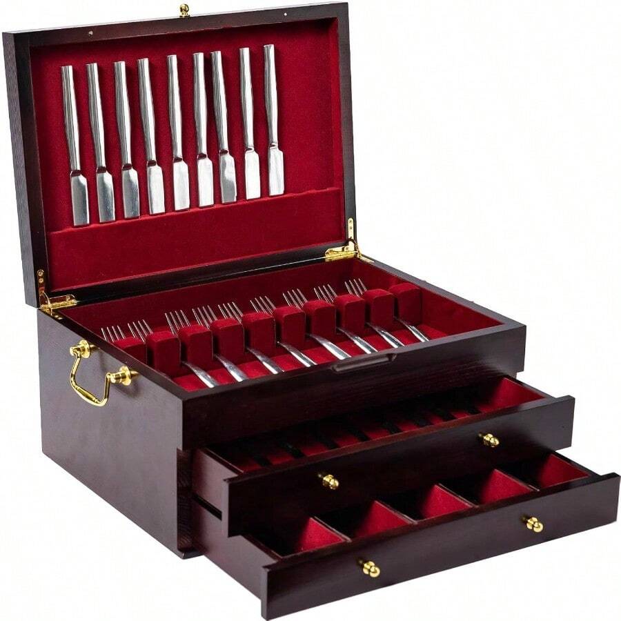 Wooden Silverware Chest without Silverware Threelayer Silverware Box Storage for Silver Silverware Case with Handle and Felt Lined Flatware Chest for 12 or 16 or more sets of Utensils - ブラウン - チェックする 1