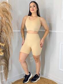 Imported Fitness Top And Shorts Set For The Gym - Apricot - View 3