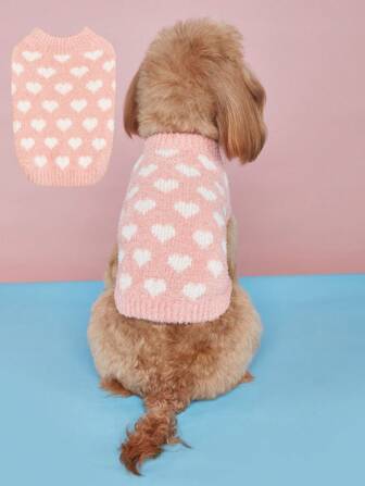1 Stück weiches, flauschiges Hundepullover mit Herz-Allover-Muster in Blau/Rot/Rosa, warme Hundeoberbekleidung