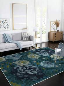 1PC Blue Flower Positioning Print Living Room Area Rug Comfortable And Soft Surface 100% Polyester Waterproof And Stain-Resistant Silicone Back Non-Slip And Non-Shifting Suitable For Living Room Large Size Bedroom Home Decoration Household Items Door Outdoor Rug Mat Multiple Sizes Available Machine Washable And Easy To Care For Pet And Child Friendly Kitchen Rug