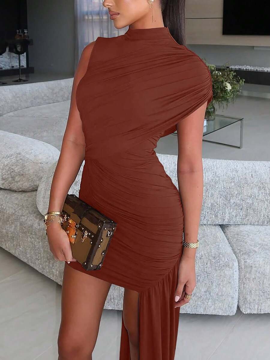 女士夏季无袖褶皱紧身迷你连衣裙，性感优雅派对短款鸡尾酒裙 - 鏽棕色 - 查看 1