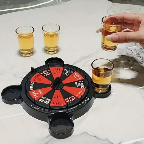 Juego de Ruleta de Beber de 4 Vasos - Vasos de Vino Pequeños Etiquetados, Rueda de la Suerte Rusa, Accesorios Esenciales para Entretenimiento en Discotecas, Juego de Beber Divertido para Adultos, Accesorios de Entretenimiento para la Vida Nocturna