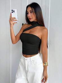 Women's Spring/Summer Vacation Knit Fabric Bandeau Crop Top, Adjustable Neck Tie, Suitable For Afternoon Tea, Street, Vacation, Layering, Party, Date, Valentine's Day, Easter, Carnival, Beach, Cruise Resort, City Road Trip Vacation, New Year Party Outfit, Casual Outerwear - Black - View 4