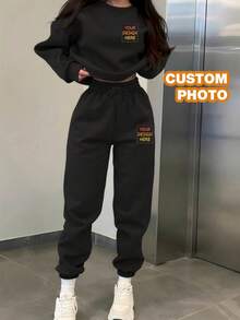 Customize Personalized Gifts With Unique Design, Add Your Own Text And Images (Badge Pattern/Company Logo/Family Photo/Selfie/Pet), Personalized Sweatshirt And Sweatpants Two Pieces Set - Black - View 1