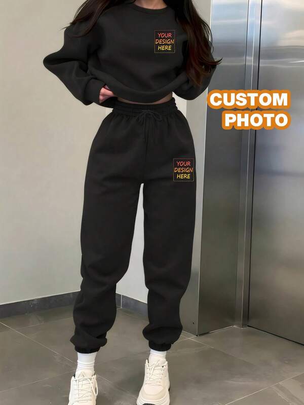 Customize Personalized Gifts With Unique Design, Add Your Own Text And Images (Badge Pattern/Company Logo/Family Photo/Selfie/Pet), Personalized Sweatshirt And Sweatpants Two Pieces Set