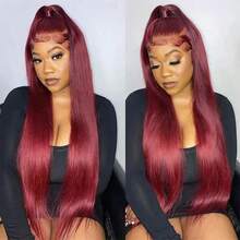 Burgundy Wig Human Hair 28inch 13x4 HD Transparent Lace Straight 99J Red Human Hair Wig Colored Reddish Brown Lace Frontal Wigs 200% Density Pre Plucked With Baby Hair - S99J - 查看 6