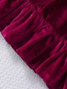 女童纯色长袖圆领荷叶边天鹅绒连衣裙，优雅百搭，适合秋冬季穿着 - 乾枯玫瑰色 - 查看 9