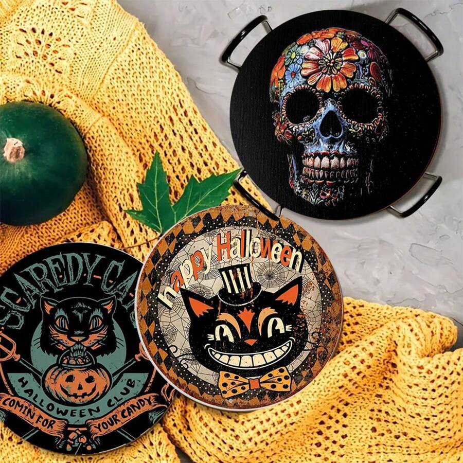 4 件万圣节杯垫，南瓜图案圆形杯垫，带橡胶底座，适用于饮料、咖啡、装饰、家庭、办公室、酒吧、节日或派对
