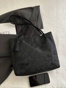 1pc Women's Fashion Commuter Large Capacity Printed Tote Bag, Suitable For Beach, Travel, Minimalist, Lightweight, Unique Woven Strap, Elegant Ribbon, Foldable - Black - View 7