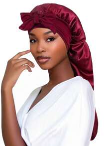 1pc New Long Taffeta Sleeping Cap, Women's Fashion Hair Care Hat, Bowknot Headband Beanie