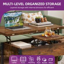 BALCONERA Rustic Brown Multi-Functional Lift-Top Coffee Table – Converts To Dining Table With Drawers & Hidden Storage, 90x47.8x47.5-61.7cm For Living Room - Coffee Brown - View 3