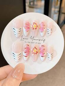 10 件/套手工短款按压指甲，夏季假指甲美甲用品海滩美甲长指甲适合女孩，时尚 3D 树脂杏仁指甲可重复使用适合教师、学生、办公室、旅行、优雅商务休闲