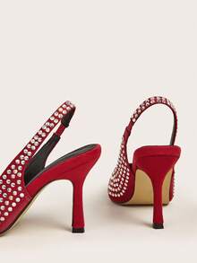 Red Faux Suede Rhinestone Decor Slip-On High Heel Pumps For Women, Suitable For Daily Wear, Banquet, Party, Fashion - Rhinestone Quantity And Color Random - Red - View 5