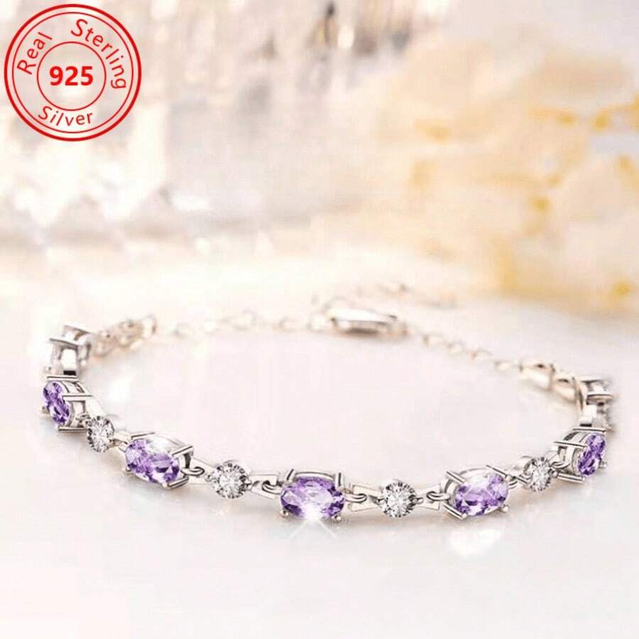 1pc S925 Sterling Silver Purple Crystal Bracelet - Hypoallergenic - Luxury Purple Crystal Plated Bracelet - Suitable For Various Occasions And Casual Wear - Women Jewelry