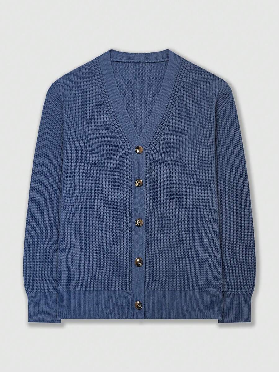 Suéter masculino de malha com botões e cor sólida, outono/inverno - Azul - Ver 1