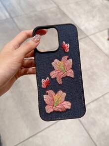 1pc Creative Minimalist Lily Flower & Butterfly Denim Anti-Drop Embroidered Phone Case Compatible With Apple Xs/Xsmax/Xr/11/12/13/14/14plus/15/15plus/16Pro/16Promax, S25Ultra, Compatible With OPPO, Compatible With Redmi Note14 Waterproof Shockproof Scratch Resistant,International Version, Not The Domestic Version - Multicolor - View 4