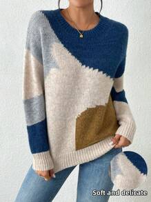 「 Jumpers For Women」Women's Round-Neck Long-Sleeved Asymmetrical Pattern Patchwork Simple Sweater For Daily Casual Wear [Back-To-School Season]