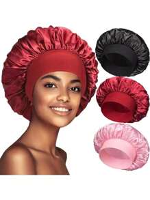 1pc Wide Strip Elastic Headband Cap, Women Soft Satin Sleep Cap, Stretchy Solid Color Smooth Shower Cap, Suitable For Hair
