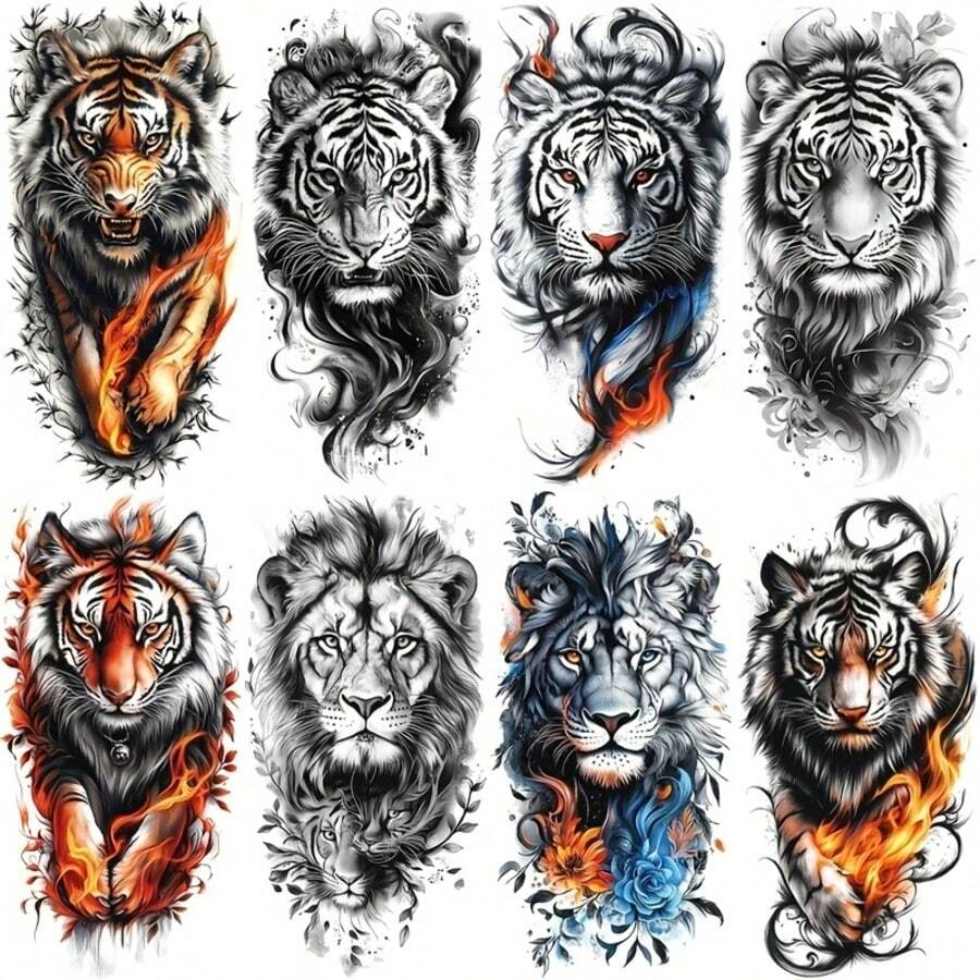 8 قطع وشم مؤقت بتصاميم حيوانات - أسد وفهد وذئب واقعية لجسم الرجال والنساء، ملصقات وشم مقاومة للماء وطويلة الأمد للذراع والجسم لحفلات الأعياد والمهرجانات والمناسبات - الأسود - مشاهدة 1