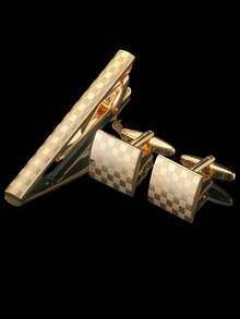 3 件男士时尚首饰套装 - 金色激光格子领带夹袖扣、法式衬衫袖扣、商务、正式、婚礼、伴郎 - 三件套 - 查看 5