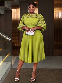 Lace Pleated Dresses Half Lantern Sleeves Hollow Out Elegant Midi Wedding Guest,Graduation Outfit - Green - View 4