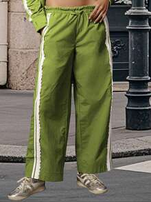 Women's Summer Baggy Track Pants Stylish Lace Side Striped Mid Rise Wide Leg Drawstring Trousers - Green - View 2