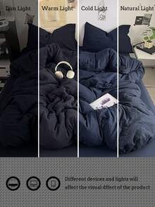 3 件套海军蓝柔软亲肤羽绒被套（1 个羽绒被套 + 2 个枕套），适用于卧室和客房，四季皆宜，可机洗 - 藏蓝色 - 查看 11