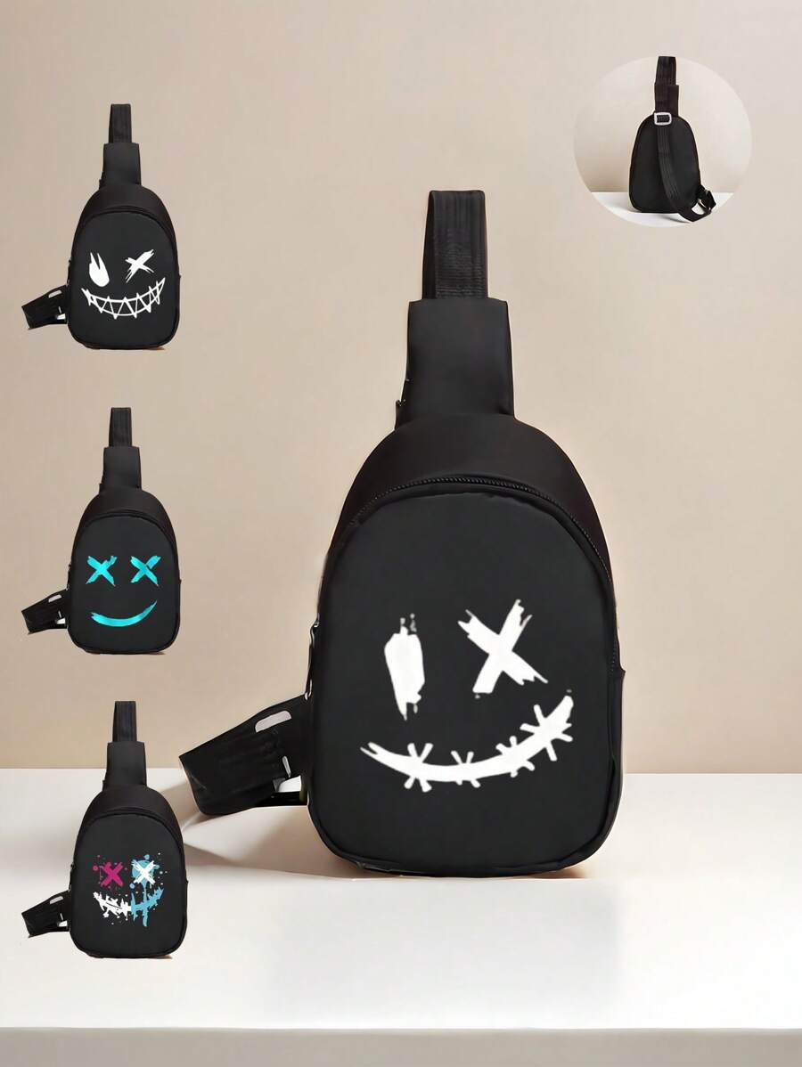 1 Brand New Cute Simple And Fashionable Mini Expression Print Waist Bag, Suitable For Back To School Season. Nylon Material Zipper Design, Lighter, A Variety Of Styles To Choose From, Very Suitable For Teenagers To Go To School, Daily Travel, Shopping, Travel And Vacation, Etc. - Black - View 1