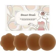 QY MUQU Nipple Covers Breast No Show Pasties Reusable Women Sticky Seamless Silicone Breast Covers 2 Pairs Petals 8380 - 拿鐵(2朵花+2圓) - 查看 1