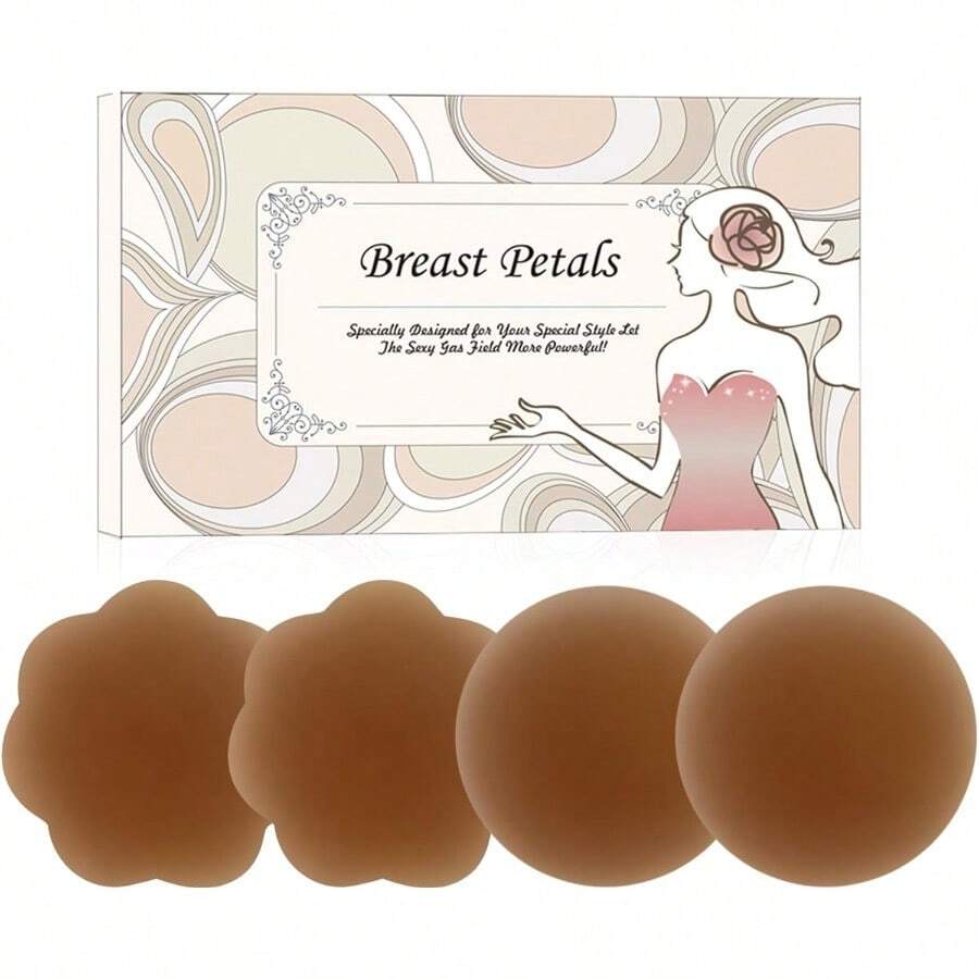 QY MUQU Nipple Covers Breast No Show Pasties Reusable Women Sticky Seamless Silicone Breast Covers 2 Pairs Petals 8380 - 拿鐵(2朵花+2圓) - 查看 1