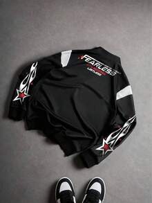 Lonblece 1pc Men's Quarter Zip Sweatshirt, Black & White Patchwork Racing Number Graphic Print, Casual Quarter Zip Pullover Sweatshirt , Fall, Long Sleeve Top - Black and White - View 5