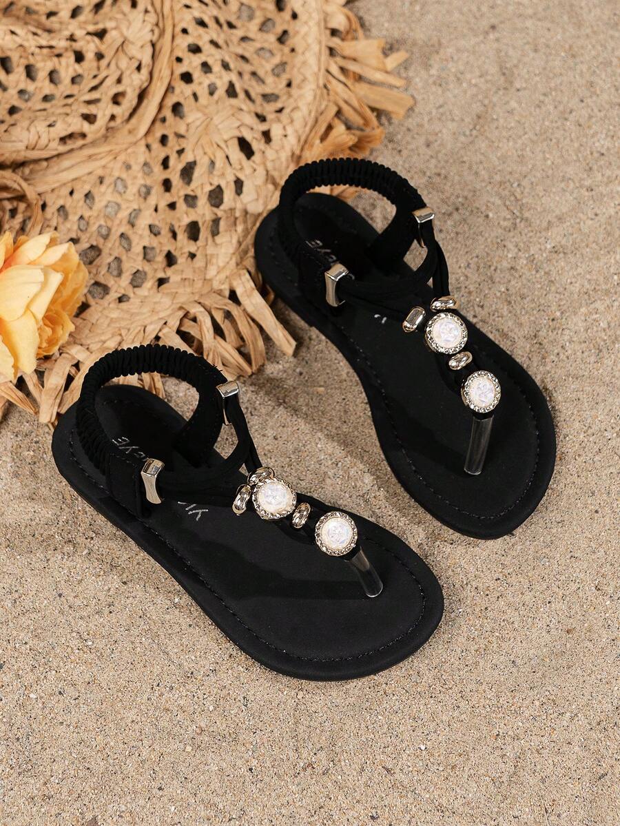 2025新款波西米亚风儿童凉鞋，亮黄色和粉色真皮凉鞋，时尚设计，沙滩凉鞋，适合高中生和大学生穿着 - 黑色 - 查看 1