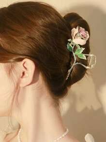 1pc Zinc Alloy Oil Drop Leaf & Rose Decor Hair Claw