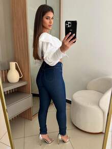Calça Jeans Feminina Skinny Escura Lisa Premium Estilosa Moda Tradicional - Lavagem escura - Visão 5