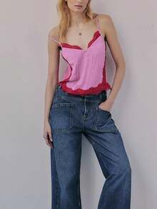 Women Summer Y2k Casual Lace Patchwork V-Neck Tank Top Fashionable Spaghetti Straps Open Back Crop Tops Stylish Sleeveless Tie Up Back T-Shirt Streetwear - 粉紅色 - 查看 3